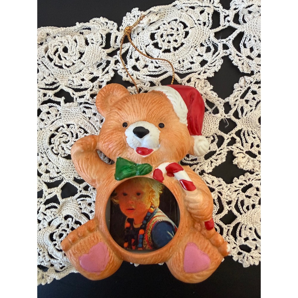 Vintage Ceramic Teddy Bear Christmas Ornament Photo Frame Santa Hat Candy Cane